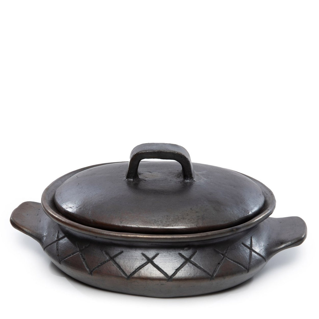 The Burned Oval Pot with Patterns and Handles - black